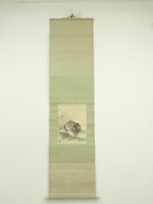 西村五雲筆　牛図　肉筆絹本掛軸（保護箱）